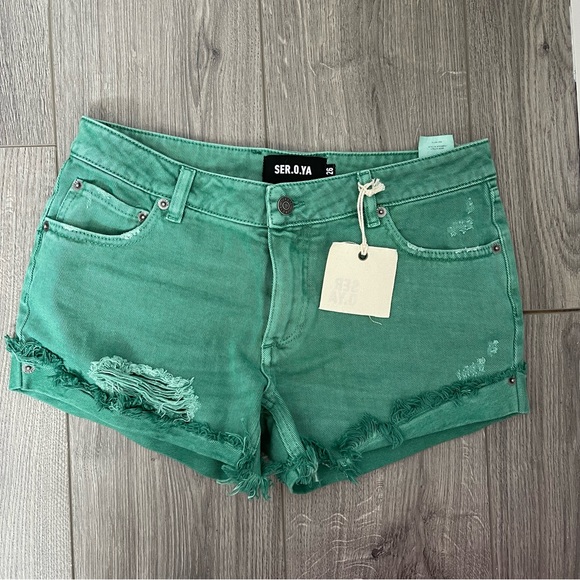 SER.O.YA Lex Shorts Green Denim Distressed Mid Rise Size 26 - Picture 3 of 4